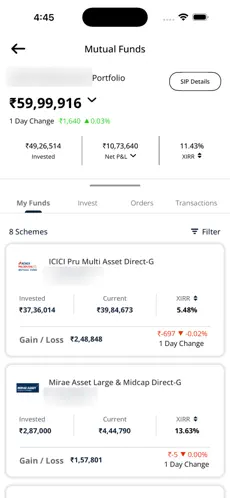 Fund performance chart screen with historical NAV and rolling returns