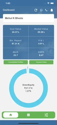 Client portfolio listing screen with individual holdings and total investment values