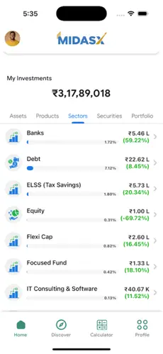 Portfolio holdings screen showing individual stock and mutual fund performance on iPhone